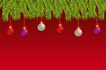 Christmas Background Green  Pine Branch And Red Color  Christmas Ball