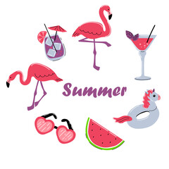 summer flamingo, leaves, cocktail, unicorn on a white background. summer collection of design elements. A set of birds, fruit, watermelon, sunglasses and drinks. Flat cartoon stock vector illustration