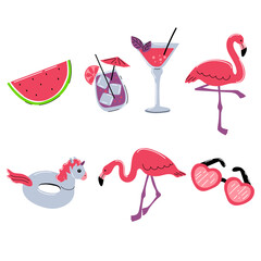 Sommerset mit Flamingos, Cocktailgetränken, Einhorn-Gummiring, Wassermelone und Sonnenbrille. Lagervektorillustration lokalisiert auf weißem Hintergrund.