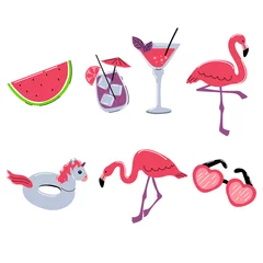 Poster de jardin Flamingo ensemble d& 39 été avec flamants roses, cocktails, anneau en caoutchouc licorne, pastèque et lunettes de soleil. illustration vectorielle stock isolé sur fond blanc.