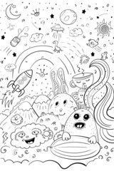 Cute Space Doodle Moon Rabbit and UFO Coloring Page Vector Clip Art Illustration