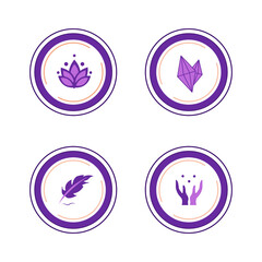Icons in a circle with esoteric symbols, a feather, crystals, a lotus, hands in the form of a bowl in purple shades