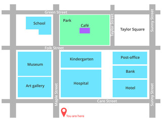 City map English worksheet. Vector English printable of town map. City plan with streets and buildings.
