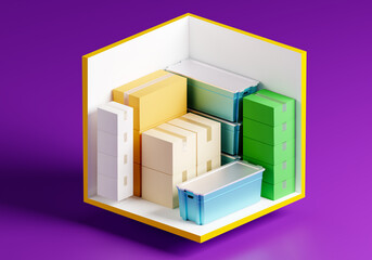 Rental Storage Units 5 by 5 feet. Self storage unit cutaway. Warehouse container with content demonstration. Rental storage room on purple background. Warehouse unit with various boxes. 3d image