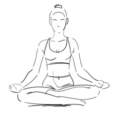 Yoga. Girl sitting in lotus pose. Meditation concept. Young woman vector. Meditating girl illustration. Anti-stress people. Line drawing yoga. Sport woman relaxing in yoga