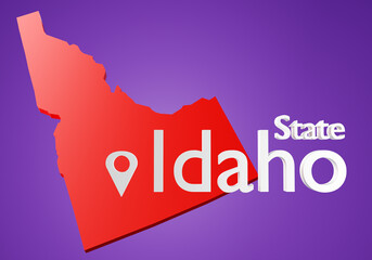 Red Map of Idaho State. State silhouette with Idaho label. USA region logo. Concept of trip to city of Idaho. Regions of United States of America. USA region map. Travels across America. 3d image