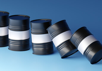 Falling oil prices metaphor. Black barrels for petrolium. Barrels with petrolium on blue background. Barrels fall one by one. Crude oil price reduction concept. Decrease in oil prices. 3d image