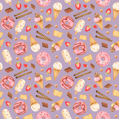 Seamless pattern with watercolor donuts with frosting and sprinkling, strawberries, pieces of chocolate, waffle rolls, ice cream in a cone and with white frosting for design of fabrics, paper