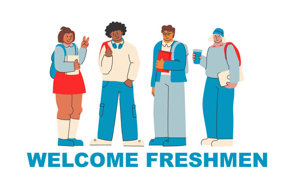 Welcome freshmen. Cute illustration for greeting new college and university students. Students with books, young people, multi-ethnic.