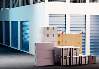 Self storage units. Storage interior. Storage space boxes. 3d image