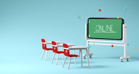 Minimal background for online education concept. Lecture school chair and blackboard smartphone on blue background. 3d rendering illustration. Clipping path of each element included.