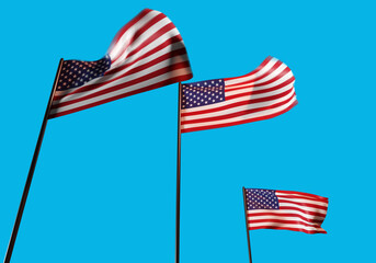 Flags of USA. Tall flagpoles with American flags. Flags of America on sky background. State symbols of United States of America. State symbols of USA. 3d illustration.