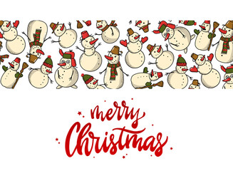 Christmas banner, card, invitation design with lettering quote 'Merry Christmas' and border of snowmen. EPS 10