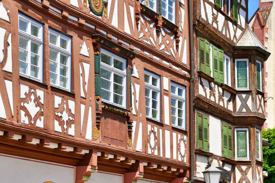Mosbach, Germany - June 2021: Part of facade of old historic timber framing building called 'Palmsche Haus' built in 1610