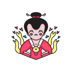 cartoon geisha with idea symbol. illustration for t shirt, poster, logo, sticker, or apparel merchandise.