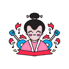 Cute geisha mascot cartoon with guitars. illustration for t shirt, poster, logo, sticker, or apparel merchandise.