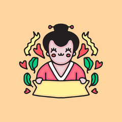 kawaii geisha holding empty banner. illustration for t shirt, poster, logo, sticker, or apparel merchandise.