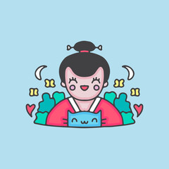 beauty geisha and cat. illustration for t shirt, sticker, or apparel merchandise.
