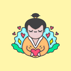 cartoon geisha holding little heart. illustration for t shirt, poster, logo, sticker, or apparel merchandise.