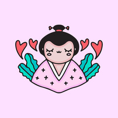 Cute clip art geisha with love. illustration for t shirt, poster, logo, sticker, or apparel merchandise.