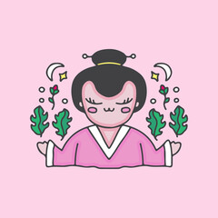 cartoon japanese girl with leaf. illustration for t shirt, poster, logo, sticker, or apparel merchandise.