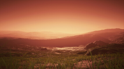 Obraz premium Red Foggy Mountain Range Landscape Background 3D Rendering