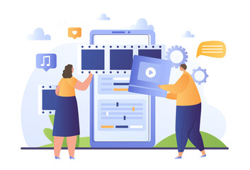 Mobile video editing concept. Man and woman mount clip in special program on smartphone. Creating content for social networks. Cartoon modern flat vector illustration isolated on white background