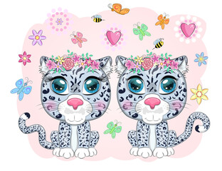 Cartoon snow leopard with expressive eyes among flowers, hearts, decorative elements. Wild animals, character, childish cute style.