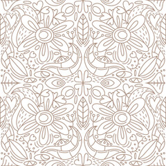 Floral seamless pattern isolated on white. Doodle hand drawn art line. Sketch vector stock illustration. EPS 10
