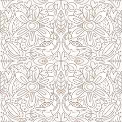 Floral seamless pattern isolated on white. Doodle hand drawn art line. Sketch vector stock illustration. EPS 10