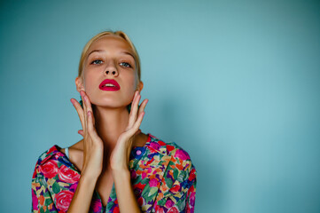 Close up beauty, fashion portrait of beautiful confident blonde woman with fuchsia color lips...
