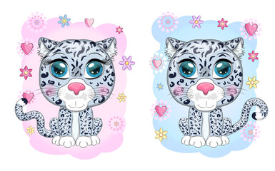 Cartoon snow leopard with expressive eyes among flowers, hearts, decorative elements. Wild animals, character, childish cute style.
