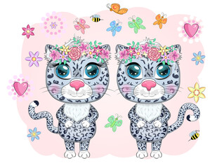 Cartoon snow leopard with expressive eyes among flowers, hearts, decorative elements. Wild animals, character, childish cute style.