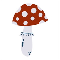 Hand drawn amanita mushroom in cartoon flat style isolated on white background. Vector illustration of fly-agaric