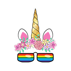 Cute unicorn with floral wreath, slogan and gold glitter elements