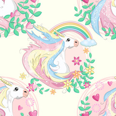 pattern with cute unicorns, clouds,rainbow and stars. Magic background with little unicorns