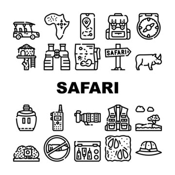 Safari African Hunting Vacation Icons Set Vector. Rhinoceros Animal Hunt In Safari And Hunter Equipment, Compass And Binoculars Tool, Walkie-talkie And Flask Drink Contour Illustrations