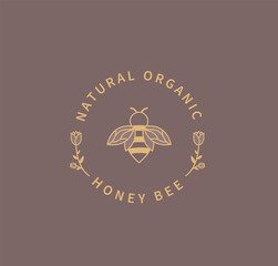 Honey bee logo. Natural and organic ingredient for food, cosmetology. Template design in minimal style, emblem for web, package, advertise with bee silhouette and flower.Vector illustration.