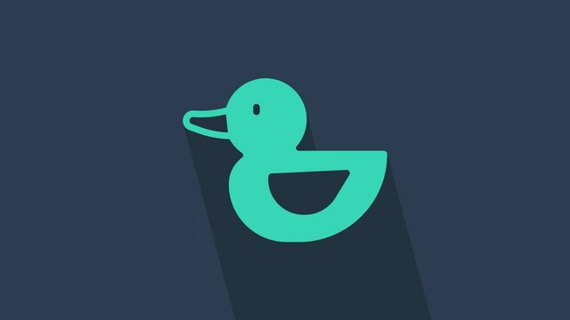 Turquoise Rubber duck icon isolated on blue background. 4K Video motion graphic animation