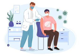 Male doctor in a mask and gloves makes an injection of a vaccine to a patient. Vaccination concept vector illustration.