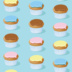 A seamless tiling cupcake background featuring cute pastel iced fairy cakes