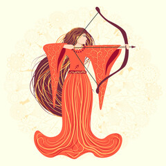 Zodiac, Virgo zodiac sign illustration as a beautiful girl with braids. Vintage zodiac boho style fashion illustration