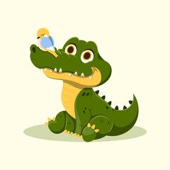 Cute young green crocodile. Wild amphibian predator friends with small bird. Design for children clothing and printing on paper. Cartoon modern flat vector illustration isolated on light background