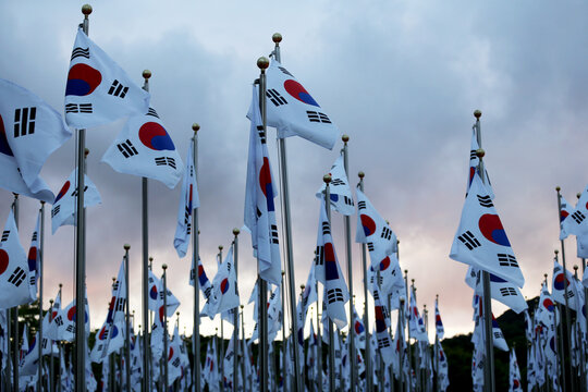 Korean national flags fluttering in the wind.