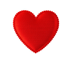 Red silk satin valentine heart isolated on white background. Symbol of Valentine day, love, passion and tenderness. Design element for holiday, greeting card, postcard and banner. Macro.