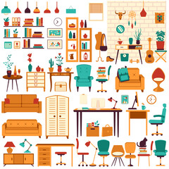 Furniture vector illustration set, home apartment or office interior