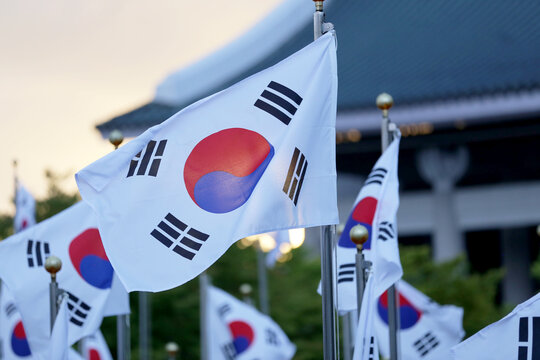 Korean national flags fluttering in the wind.
