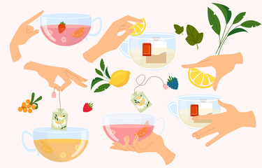 Set of women hands holding mug of tea. Various drinks made from herbs, berries and fruits in glasses. Stickers with tea ceremony. Cartoon modern flat vector collection isolated on pink background
