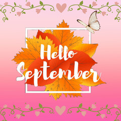 Dry leaves on a pink gradient background with butterfly hearts green leaves and the phrase hello september