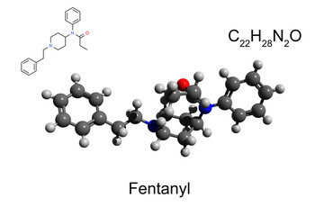 Chemical formula, skeletal formula and 3D ball-and-stick model of powerful opioid fentanyl, white background
